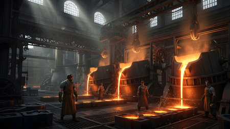Metal showing busy industrial foundry with molten metal pouring and workers overseeing the...