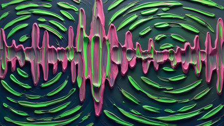 Textured pink and green paint strokes form abstract sound waves and circular ripples on a dark...