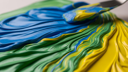 Thick, vibrant blue, green, and yellow oil paints are swirled together with a metal palette...