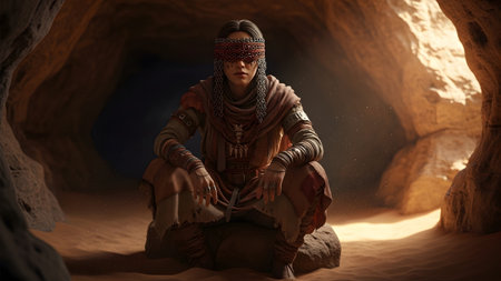 Woman showing blindfolded woman in ancient desert cave crouching on rock with sand and stone...の写真素材