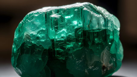 Green showing close-up of a rough, uncut emerald gemstone with internal green luminescence and...の写真素材