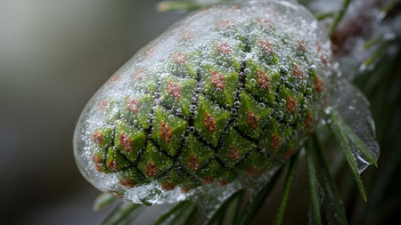 Green showing close-up of a green pine cone encased in ice with bubbles. resolution