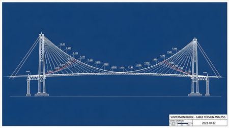 Technical blueprint of a suspension bridge detailing cable tension analysis with measurements...
