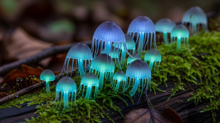 Stock showing cluster of glowing bioluminescent mushrooms with translucent caps on a mossy log....の写真素材