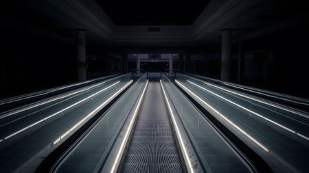 Empty escalators with glowing white lights descend into a dark, abandoned building....