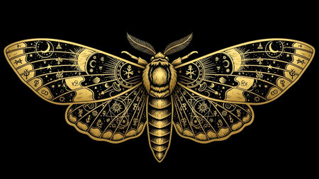 (3218) showing detailed golden moth with celestial and occult on black background.の写真素材
