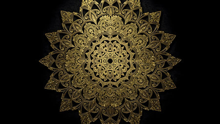 A detailed golden mandala featuring intricate floral and geometric on a dark textured surface.の写真素材