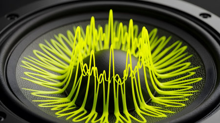 Bright showing bright neon yellow sound wave pattern on black speaker cone. resolution...