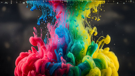 Blooming showing colorful ink clouds swirling and blooming in vibrant red blue green and yellow...の写真素材