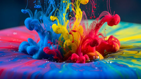 Bright showing bright red blue and yellow ink drops exploding and swirling in liquid creating...