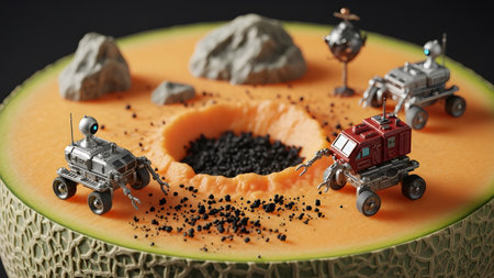 Small robots explore a cut cantaloupe surface with rocks, resembling an alien planet landscape.の写真素材
