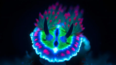 Black showing close-up of a brightly colored nudibranch with blue and pink accents on a black...の写真素材