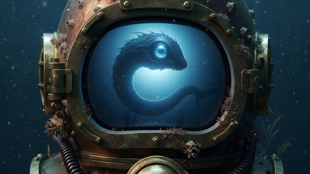 Vintage showing close-up of a vintage diving helmet revealing a serpentine sea creature in the...の写真素材