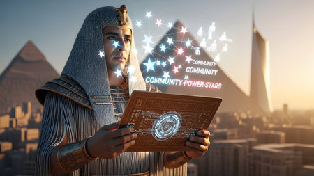 Holographic showing egyptian man in pharaonic attire using tablet with holographic community...