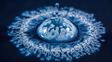 A single blue water drop impacts a dark fabric surface creating intricate white patterns and...