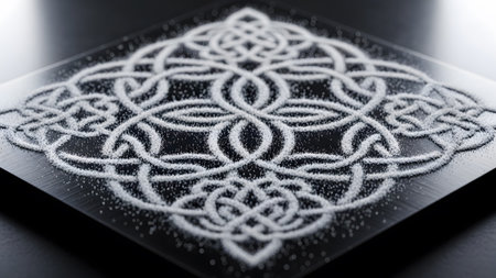 Made showing detailed celtic knot made of white sand on a dark reflective surface.