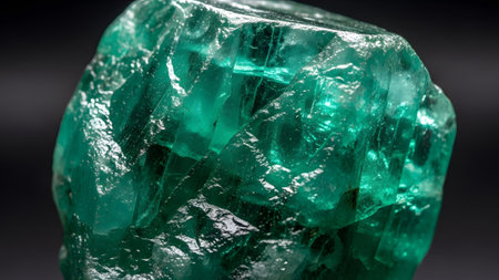 Green showing detailed macro shot of a rough, uncut emerald crystal with vibrant green color and...の写真素材