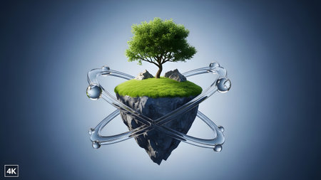 Orbit showing floating island with green tree and atomic orbit rings on gradient background.の写真素材