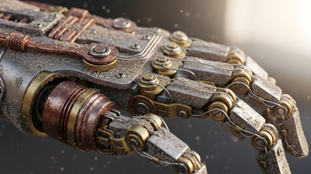 Metal showing detailed steampunk mechanical hand with intricate metal components and wires.の写真素材