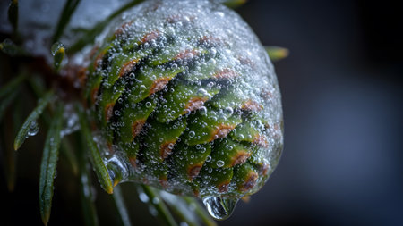 Green pinecone encased in ice with water droplets and pine needles.