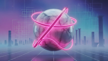 A marbled sphere is encircled by glowing pink neon rings against a hazy grid and futuristic city...の写真素材