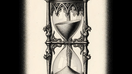 Detailed antique hourglass with sand falling through the glass bulb against a light textured...