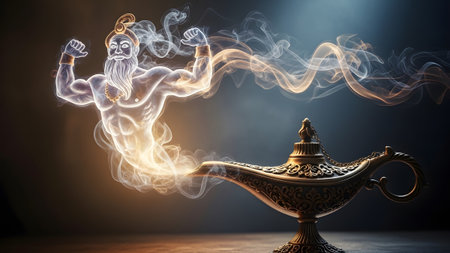 A muscular, glowing genie emerges from an ornate golden lamp, trailing wisps of golden smoke...