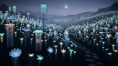 A vast field of intricately woven macrame flowers glows with soft blue and green light under a...の写真素材