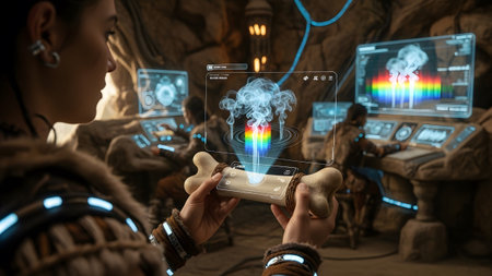A person holds a bone displaying a holographic projection of scientific data and a rainbow spectrum.の写真素材