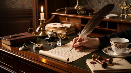 A hand holds a feather quill writing on aged parchment at a dark wood desk with a lit candle.