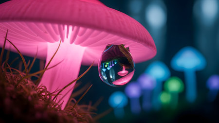 Reflection showing glowing pink mushroom cap with water droplet reflection and blurry forest...の写真素材