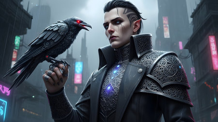 Eyes showing gothic man with elven ears and glowing red eyes holding a mechanical raven in a...