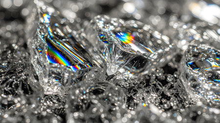 Macro view of clear ice crystals showing sharp geometric shapes and colorful rainbow refractions...の写真素材