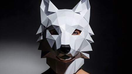 Person showing geometric wolf mask with sharp angles and faceted surfaces on a person.