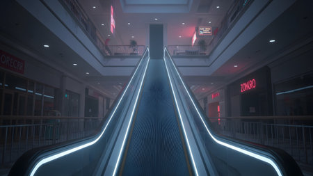 Neon showing empty escalator in a dimly lit multi-level shopping mall with glowing blue neon...の写真素材