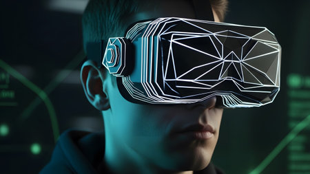 Stock showing man wearing a geometric vr headset with glowing white lines and digital.