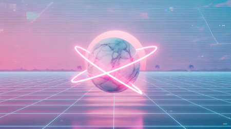 A marbled sphere with pink neon rings floats above a reflective grid under a pastel pink and...の写真素材