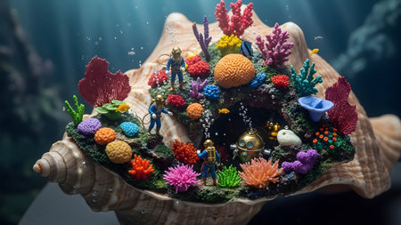 Inside showing miniature divers and a submersible explore a colorful coral reef nestled inside a...の写真素材