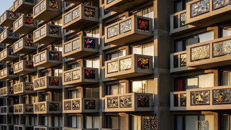 Stock showing modernist apartment building facade with balconies and stained glass panels.