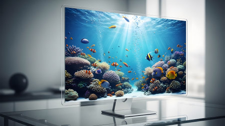 A sleek computer monitor showcases a bright underwater scene with diverse coral and swimming fish.の写真素材
