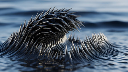 Wave showing metallic wave with sharp spiky protrusions crashing in dark blue water with ripples...の写真素材
