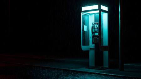 A solitary cyan payphone booth is illuminated in the dark, rainy night with wet ground....
