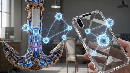 A detailed ornate golden anchor with a blue digital network overlay and a transparent smartphone...