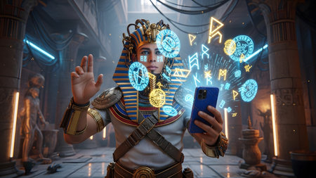 A man dressed as an Egyptian pharaoh interacts with a smartphone displaying holographic ancient...