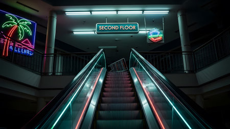 Neon showing neon lit escalator in a dark abandoned shopping mall with a shopping cart at the....の写真素材