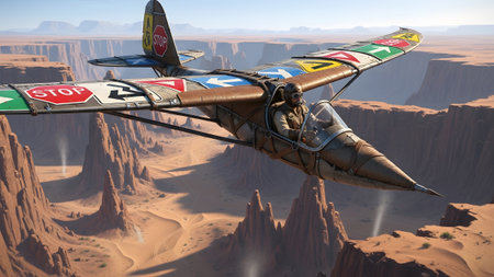 Signs showing old glider with diverse road signs on wings flies over a vast desert canyon...