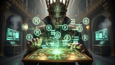 A regal figure wearing an ornate crown interacts with a glowing green holographic interface...の写真素材