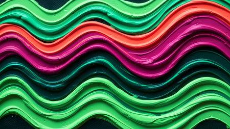 A close-up view of thick, wavy lines of vibrant neon green, pink, and orange paint creating a...の写真素材