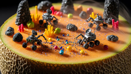 Tiny robots traverse a cantaloupe surface dotted with colorful spheres and rocky textures.の写真素材