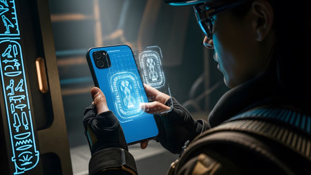 A person wearing glasses and gloves examines a smartphone displaying glowing Egyptian...の写真素材